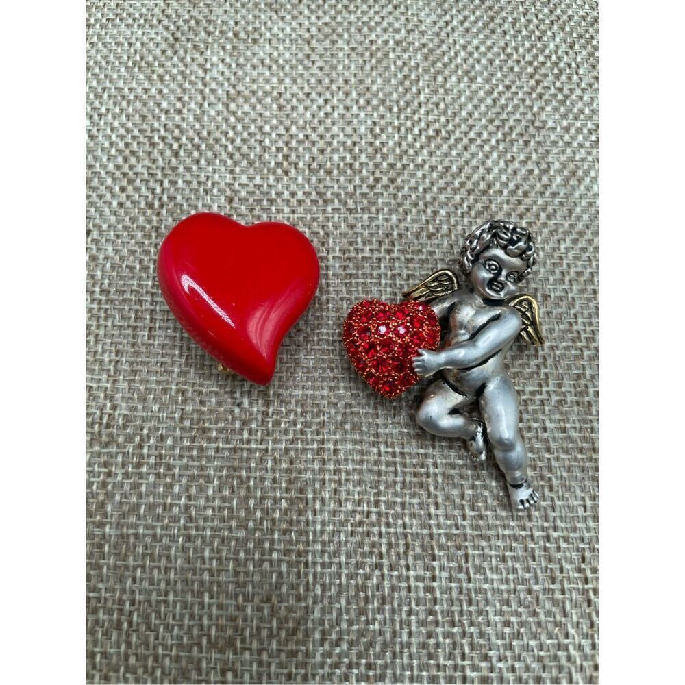 Valentines Bundle of 2 Brooches Silver Angel and Red Clay Heart